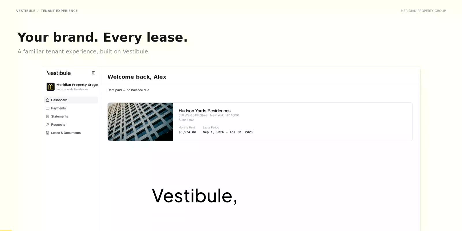 The Vestibule tenant portal: balance due, suite, lease term and open work orders across the top, with recent activity and building contacts below.